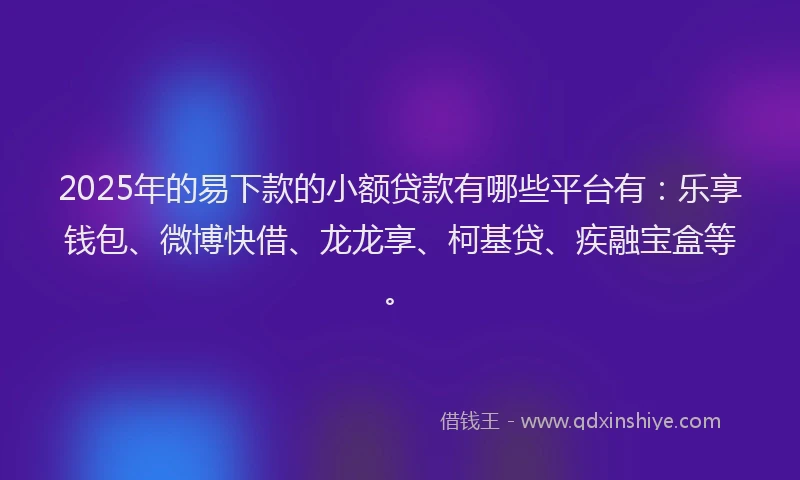 2025年的易下款的小额贷款有哪些平台有：乐享钱包、微博快借、龙龙享、柯基贷、疾融宝盒等。