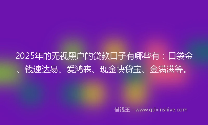 2025年的无视黑户的贷款口子有哪些有：口袋金、钱速达易、爱鸿森、现金快贷宝、金满满等。