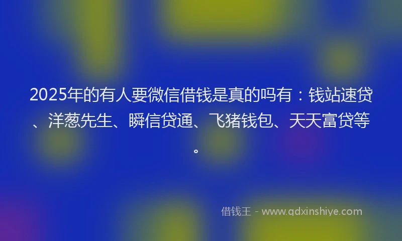 2025年的有人要微信借钱是真的吗有：钱站速贷、洋葱先生、瞬信贷通、飞猪钱包、天天富贷等。