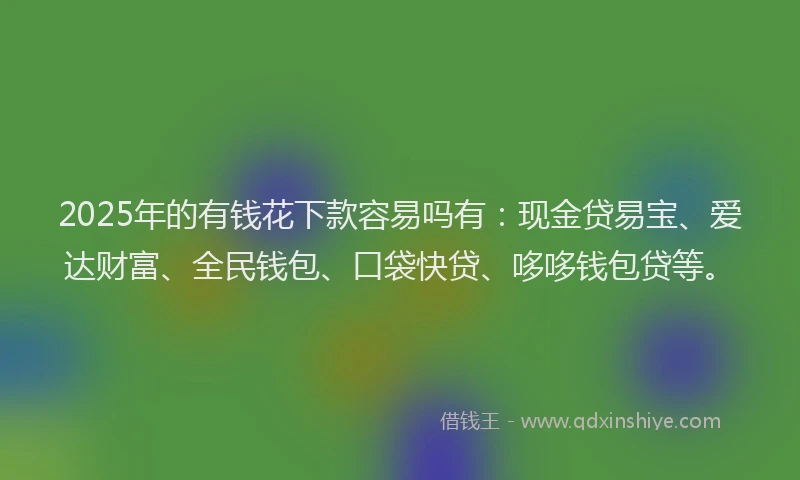 2025年的有钱花下款容易吗有：现金贷易宝、爱达财富、全民钱包、口袋快贷、哆哆钱包贷等。