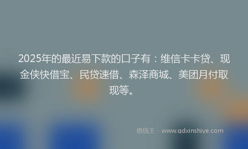 2025年的最近易下款的口子有：维信卡卡贷、现金侠快借宝、民贷速借、森泽商城、美团月付取现等。