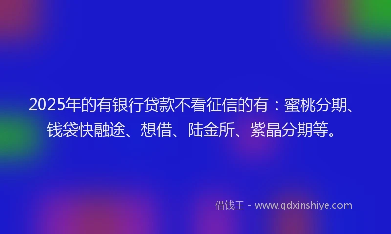 2025年的有银行贷款不看征信的有：蜜桃分期、钱袋快融途、想借、陆金所、紫晶分期等。