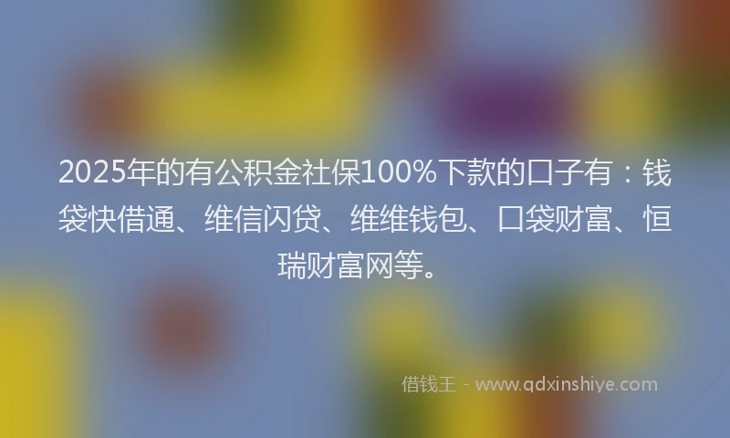 2025年的有公积金社保100%下款的口子有：钱袋快借通、维信闪贷、维维钱包、口袋财富、恒瑞财富网等。