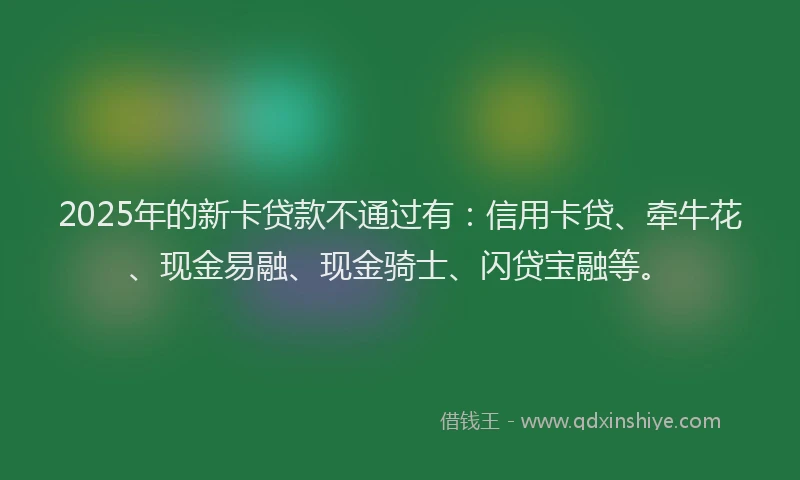 2025年的新卡贷款不通过有：信用卡贷、牵牛花、现金易融、现金骑士、闪贷宝融等。
