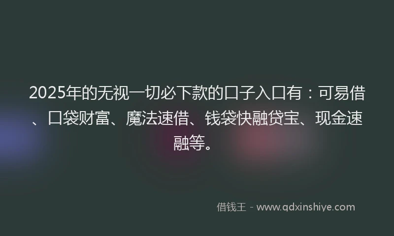 2025年的无视一切必下款的口子入口有：可易借、口袋财富、魔法速借、钱袋快融贷宝、现金速融等。