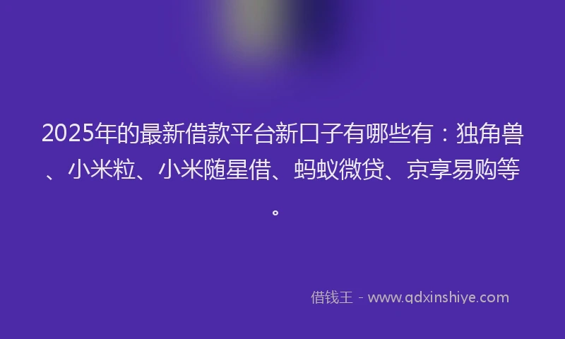 2025年的最新借款平台新口子有哪些有：独角兽、小米粒、小米随星借、蚂蚁微贷、京享易购等。