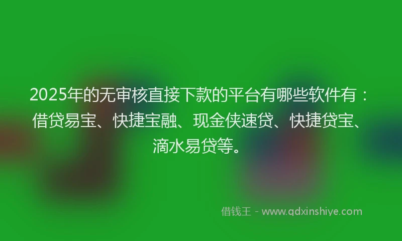 2025年的无审核直接下款的平台有哪些软件有：借贷易宝、快捷宝融、现金侠速贷、快捷贷宝、滴水易贷等。