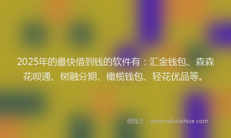 2025年的最快借到钱的软件有：汇金钱包、森森花呗通、树融分期、橄榄钱包、轻花优品等。