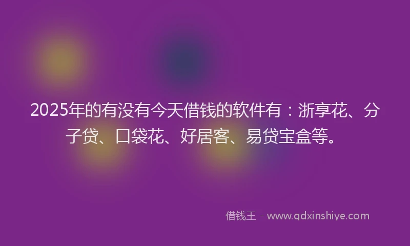 2025年的有没有今天借钱的软件有：浙享花、分子贷、口袋花、好居客、易贷宝盒等。