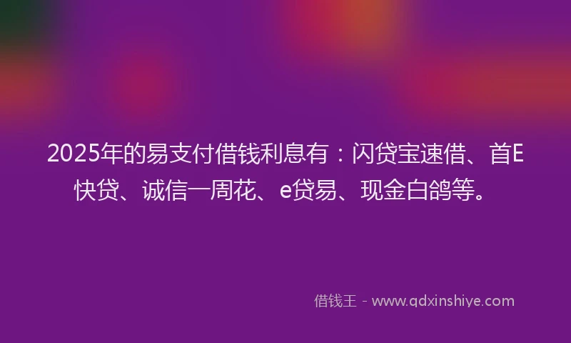 2025年的易支付借钱利息有：闪贷宝速借、首E快贷、诚信一周花、e贷易、现金白鸽等。