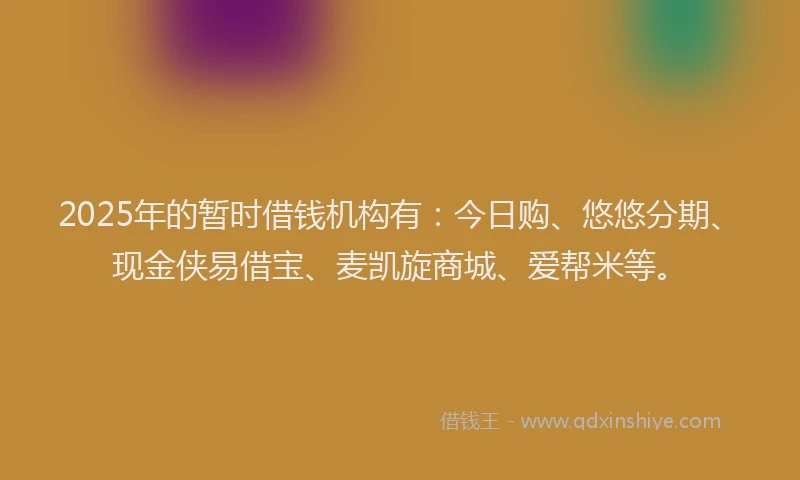 2025年的暂时借钱机构有：今日购、悠悠分期、现金侠易借宝、麦凯旋商城、爱帮米等。