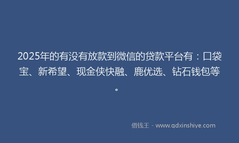2025年的有没有放款到微信的贷款平台有：口袋宝、新希望、现金侠快融、鹿优选、钻石钱包等。
