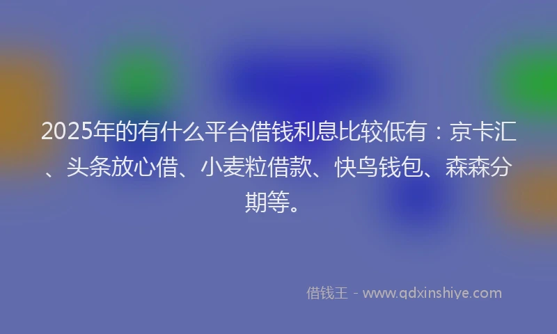 2025年的有什么平台借钱利息比较低有：京卡汇、头条放心借、小麦粒借款、快鸟钱包、森森分期等。