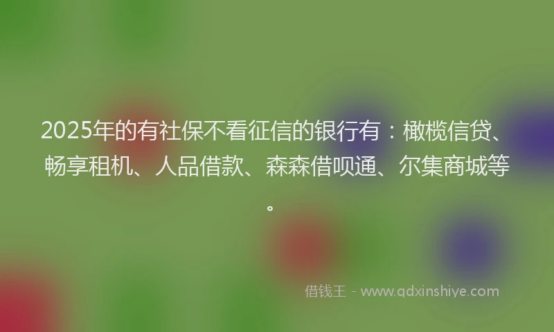 2025年的有社保不看征信的银行有：橄榄信贷、畅享租机、人品借款、森森借呗通、尔集商城等。