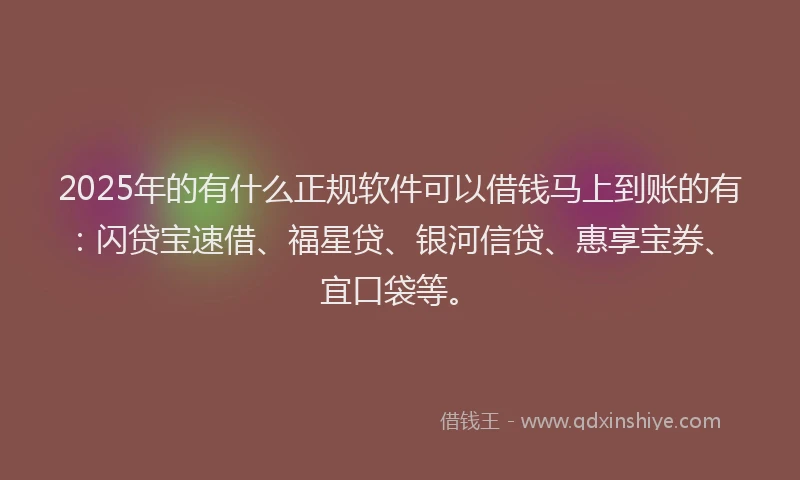 2025年的有什么正规软件可以借钱马上到账的有：闪贷宝速借、福星贷、银河信贷、惠享宝券、宜口袋等。
