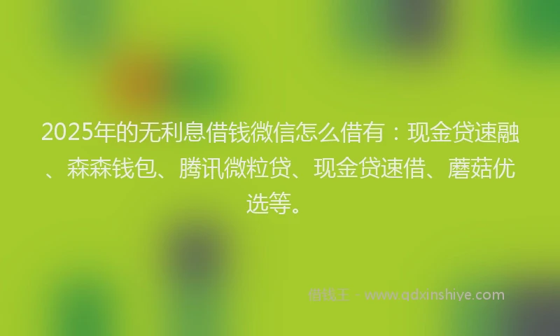 2025年的无利息借钱微信怎么借有：现金贷速融、森森钱包、腾讯微粒贷、现金贷速借、蘑菇优选等。