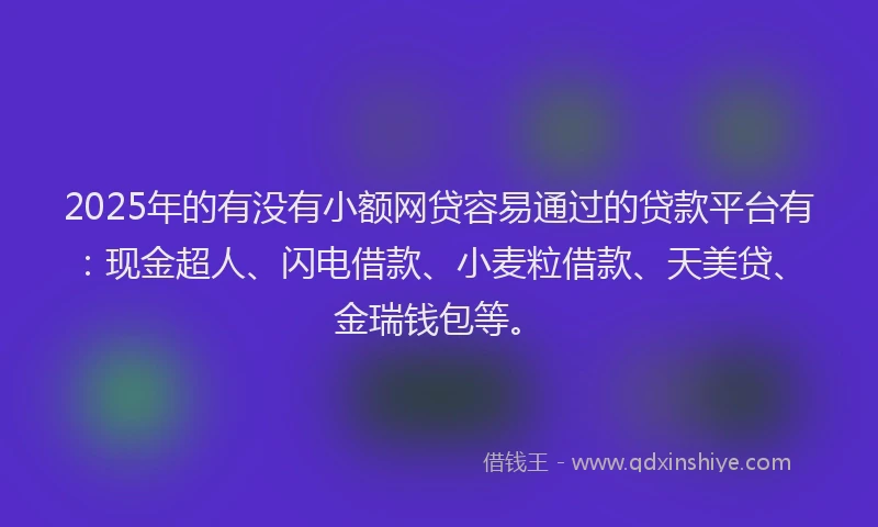2025年的有没有小额网贷容易通过的贷款平台有：现金超人、闪电借款、小麦粒借款、天美贷、金瑞钱包等。