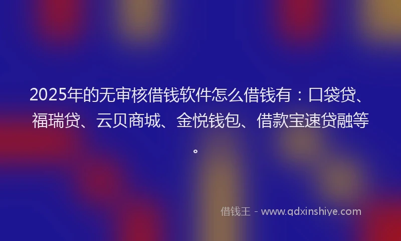 2025年的无审核借钱软件怎么借钱有：口袋贷、福瑞贷、云贝商城、金悦钱包、借款宝速贷融等。