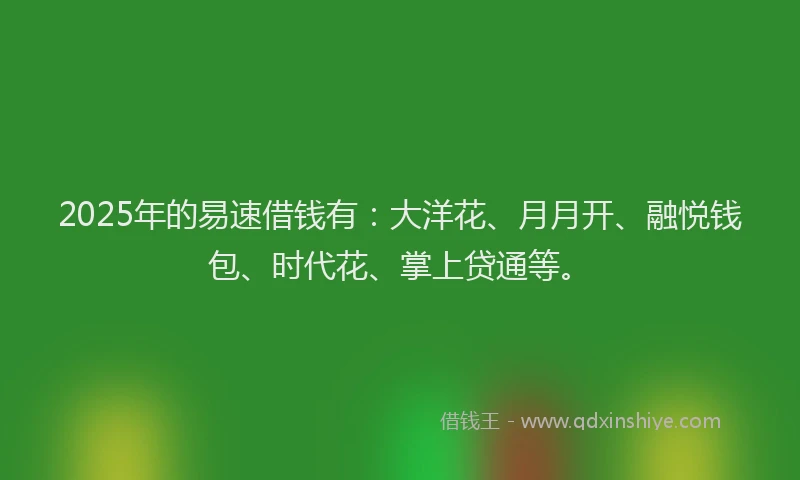 2025年的易速借钱有：大洋花、月月开、融悦钱包、时代花、掌上贷通等。