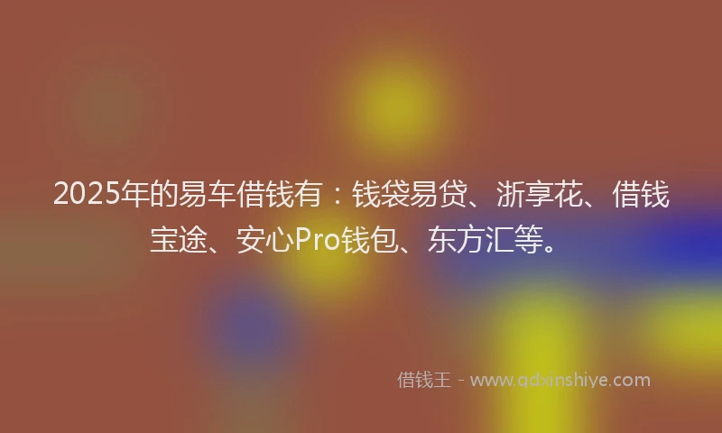 2025年的易车借钱有：钱袋易贷、浙享花、借钱宝途、安心Pro钱包、东方汇等。
