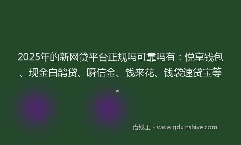 2025年的新网贷平台正规吗可靠吗有：悦享钱包、现金白鸽贷、瞬信金、钱来花、钱袋速贷宝等。
