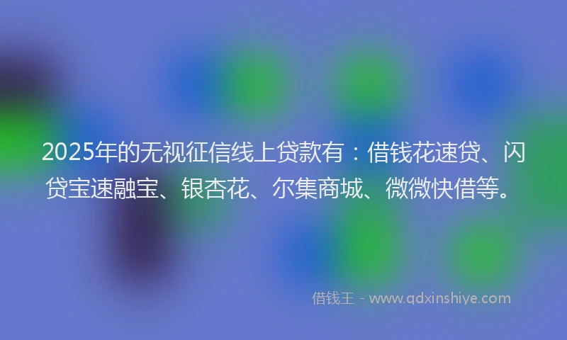 2025年的无视征信线上贷款有：借钱花速贷、闪贷宝速融宝、银杏花、尔集商城、微微快借等。