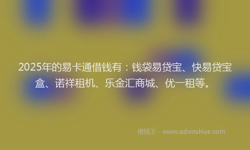 2025年的易卡通借钱有：钱袋易贷宝、快易贷宝盒、诺祥租机、乐金汇商城、优一租等。