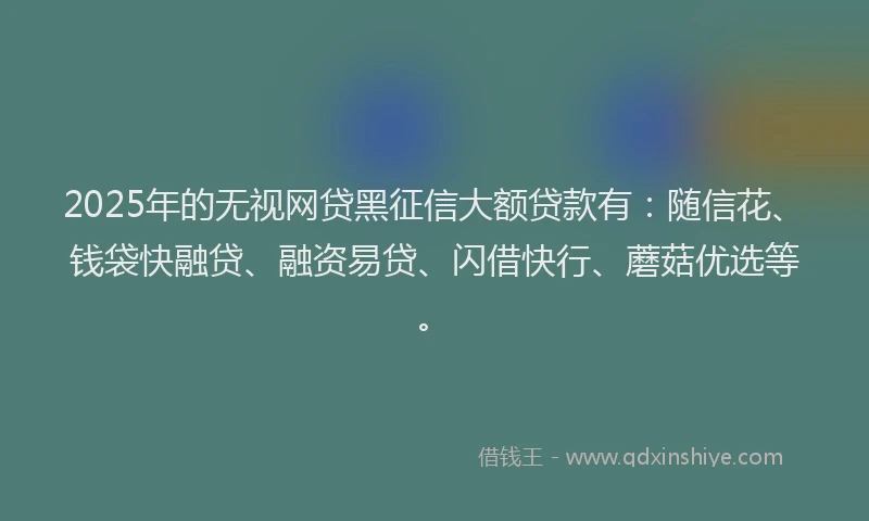 2025年的无视网贷黑征信大额贷款有：随信花、钱袋快融贷、融资易贷、闪借快行、蘑菇优选等。