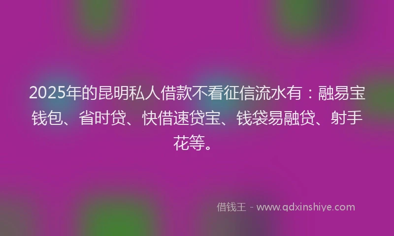 2025年的昆明私人借款不看征信流水有：融易宝钱包、省时贷、快借速贷宝、钱袋易融贷、射手花等。