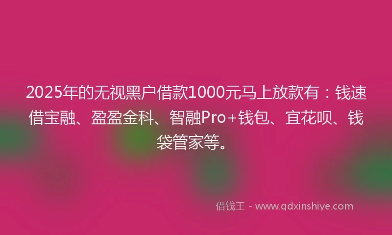 2025年的无视黑户借款1000元马上放款有：钱速借宝融、盈盈金科、智融Pro+钱包、宜花呗、钱袋管家等。