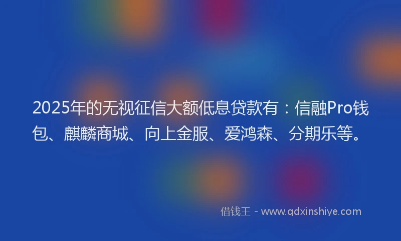 2025年的无视征信大额低息贷款有：信融Pro钱包、麒麟商城、向上金服、爱鸿森、分期乐等。