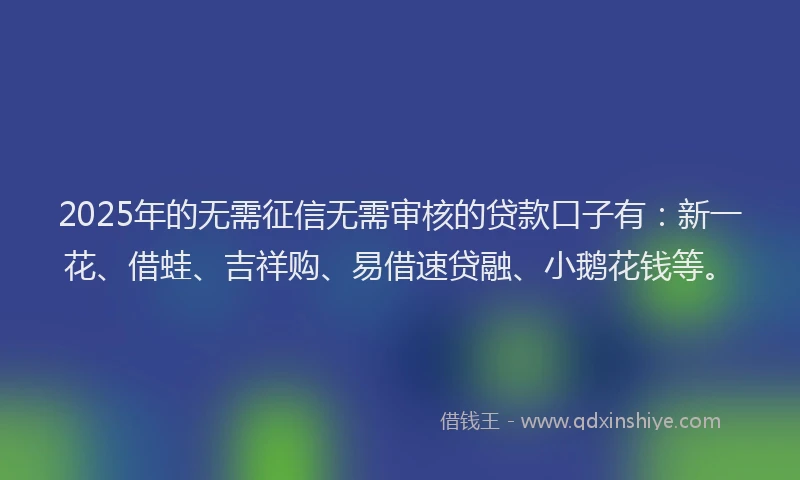 2025年的无需征信无需审核的贷款口子有：新一花、借蛙、吉祥购、易借速贷融、小鹅花钱等。