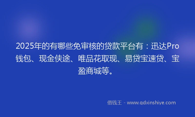 2025年的有哪些免审核的贷款平台有：迅达Pro钱包、现金侠途、唯品花取现、易贷宝速贷、宝盈商城等。