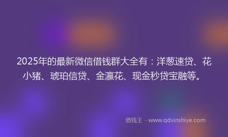 2025年的最新微信借钱群大全有：洋葱速贷、花小猪、琥珀信贷、金瀛花、现金秒贷宝融等。