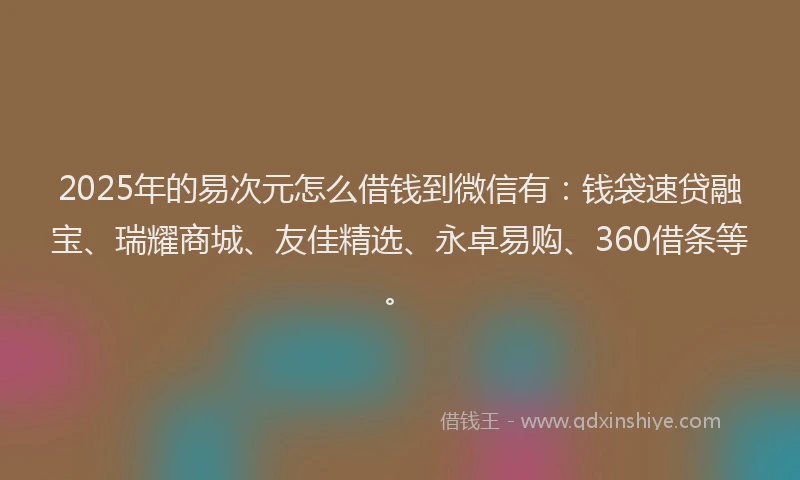 2025年的易次元怎么借钱到微信有：钱袋速贷融宝、瑞耀商城、友佳精选、永卓易购、360借条等。