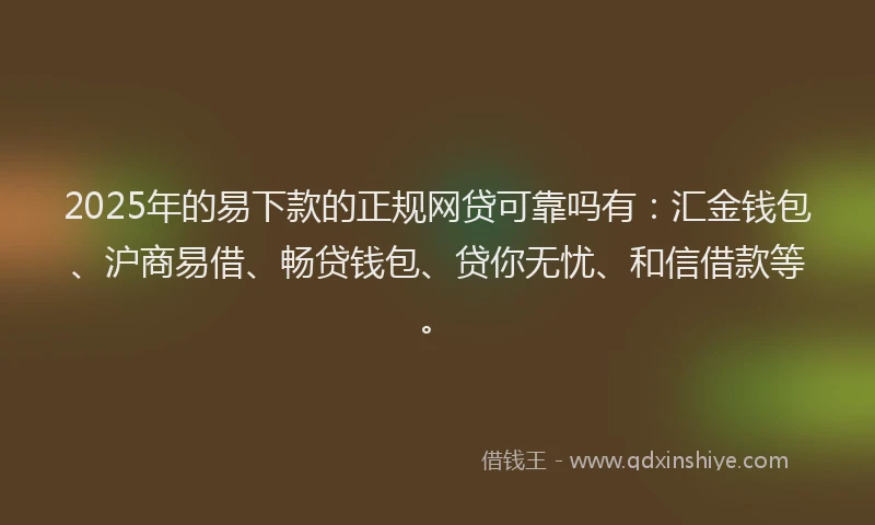 2025年的易下款的正规网贷可靠吗有：汇金钱包、沪商易借、畅贷钱包、贷你无忧、和信借款等。