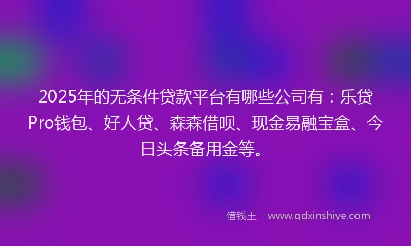 2025年的无条件贷款平台有哪些公司有：乐贷Pro钱包、好人贷、森森借呗、现金易融宝盒、今日头条备用金等。