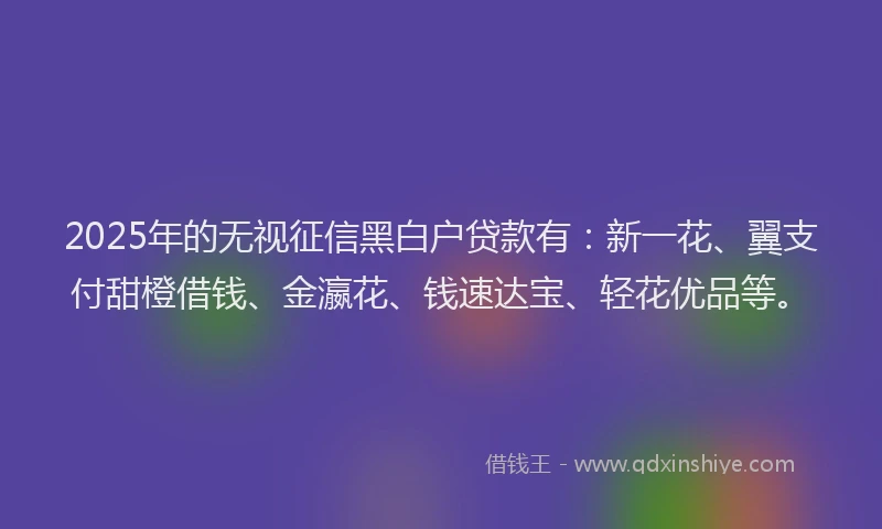2025年的无视征信黑白户贷款有：新一花、翼支付甜橙借钱、金瀛花、钱速达宝、轻花优品等。