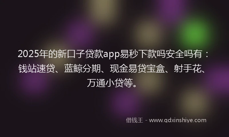 2025年的新口子贷款app易秒下款吗安全吗有：钱站速贷、蓝鲸分期、现金易贷宝盒、射手花、万通小贷等。
