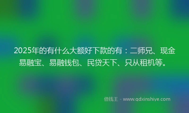 2025年的有什么大额好下款的有：二师兄、现金易融宝、易融钱包、民贷天下、只从租机等。