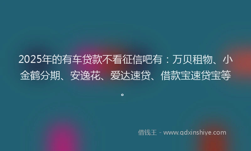 2025年的有车贷款不看征信吧有：万贝租物、小金鹤分期、安逸花、爱达速贷、借款宝速贷宝等。