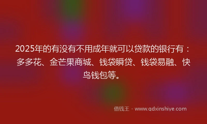 2025年的有没有不用成年就可以贷款的银行有：多多花、金芒果商城、钱袋瞬贷、钱袋易融、快鸟钱包等。