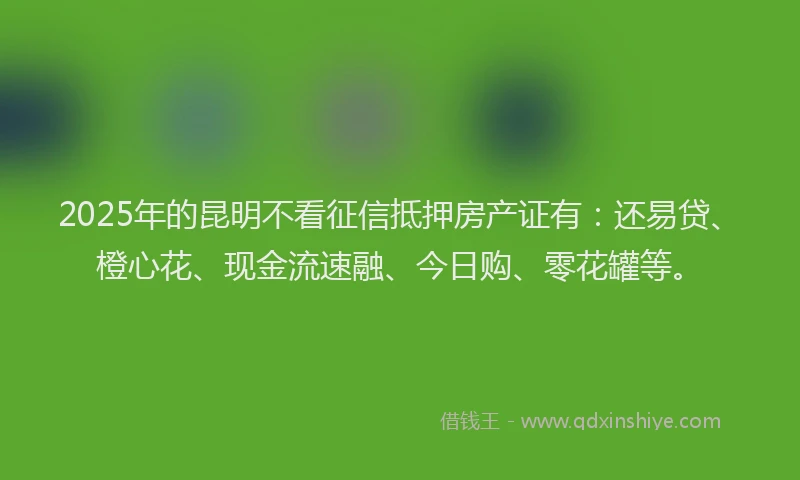 2025年的昆明不看征信抵押房产证有：还易贷、橙心花、现金流速融、今日购、零花罐等。