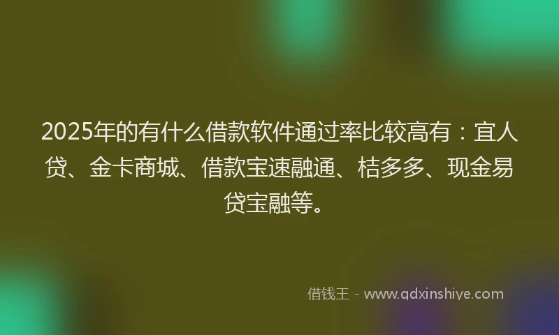 2025年的有什么借款软件通过率比较高有：宜人贷、金卡商城、借款宝速融通、桔多多、现金易贷宝融等。