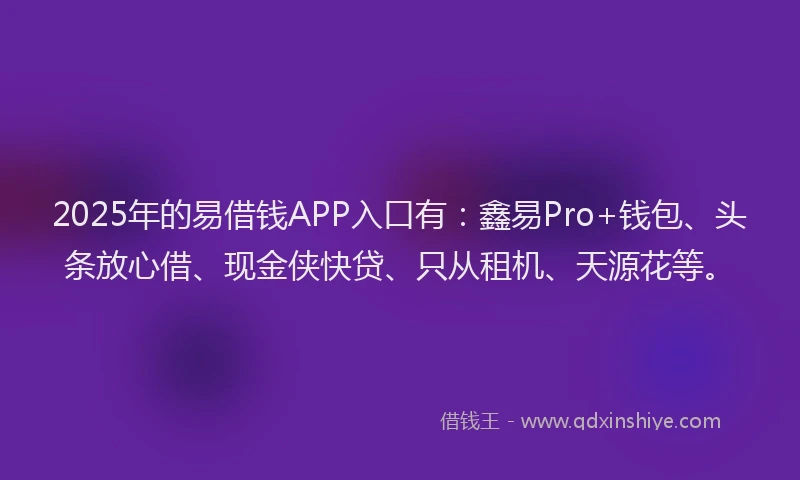 2025年的易借钱APP入口有：鑫易Pro+钱包、头条放心借、现金侠快贷、只从租机、天源花等。