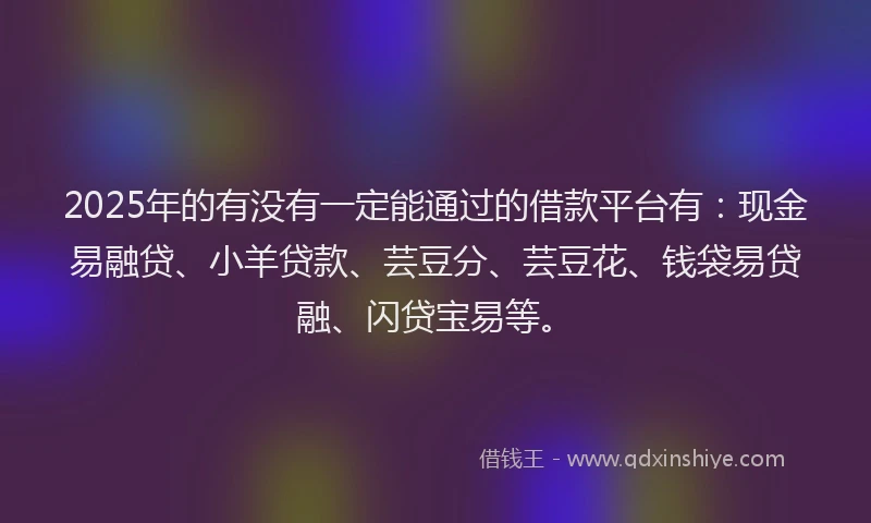 2025年的有没有一定能通过的借款平台有：现金易融贷、小羊贷款、芸豆分、芸豆花、钱袋易贷融、闪贷宝易等。