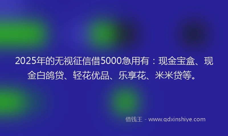 2025年的无视征信借5000急用有：现金宝盒、现金白鸽贷、轻花优品、乐享花、米米贷等。