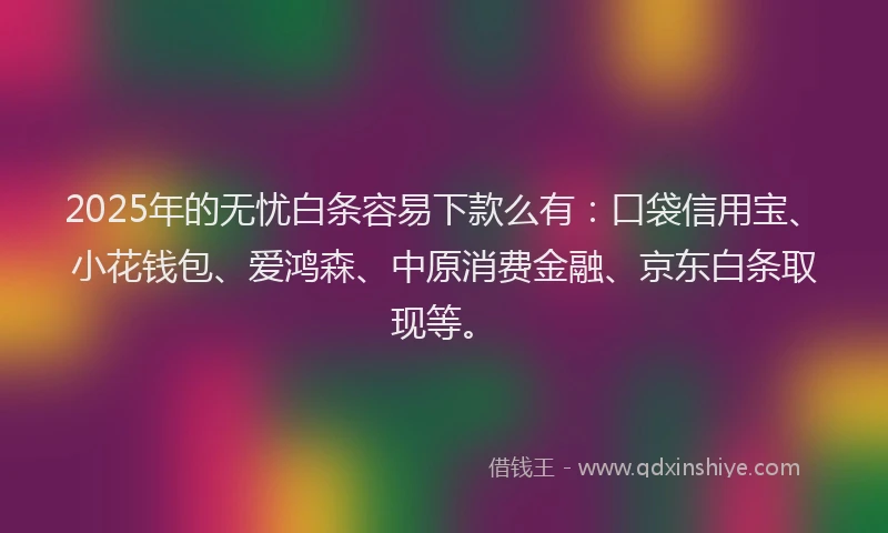 2025年的无忧白条容易下款么有：口袋信用宝、小花钱包、爱鸿森、中原消费金融、京东白条取现等。
