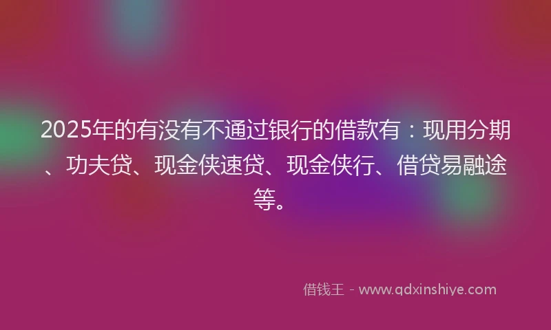 2025年的有没有不通过银行的借款有：现用分期、功夫贷、现金侠速贷、现金侠行、借贷易融途等。