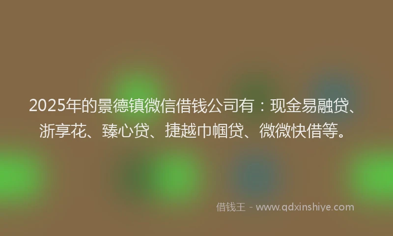 2025年的景德镇微信借钱公司有：现金易融贷、浙享花、臻心贷、捷越巾帼贷、微微快借等。